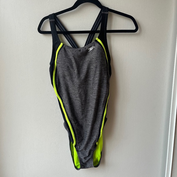 Grey & Neon Yellow Speedo Swimsuit, Size 12 - Picture 1 of 5